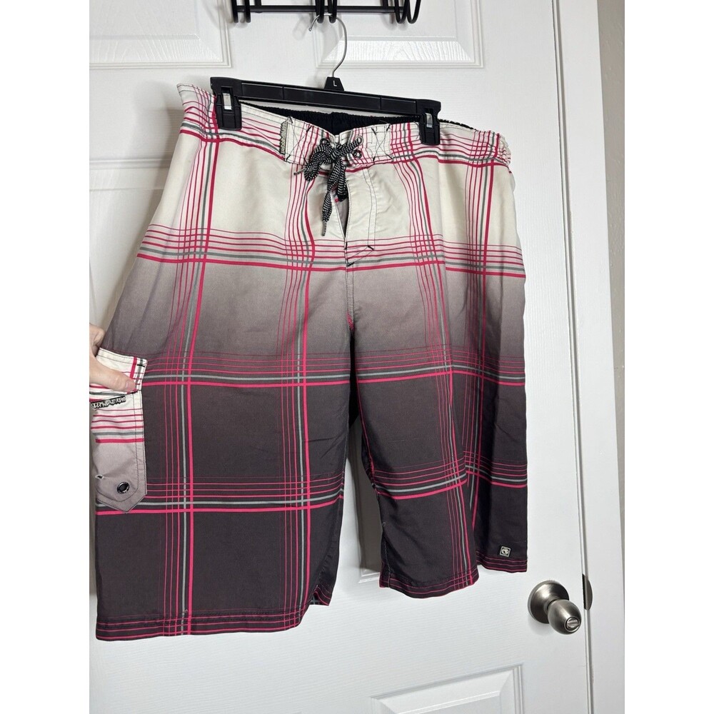 VTG Y2K Size 38 Ocean Current Board Shorts Pink Plaid Ombre Surf Swim